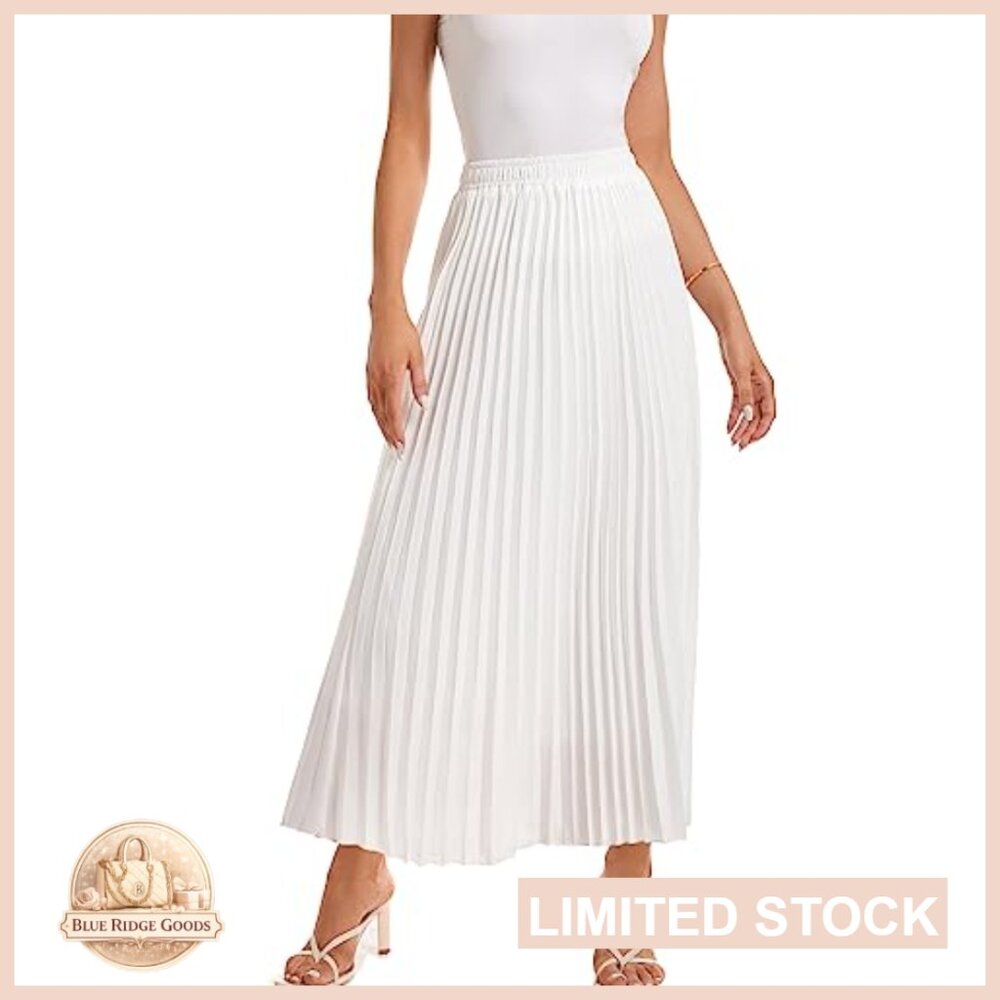 High Waist Elastic Pleated Maxi Skirt Boho Swing A-Line Flowy Elegant - Picture 3 of 7